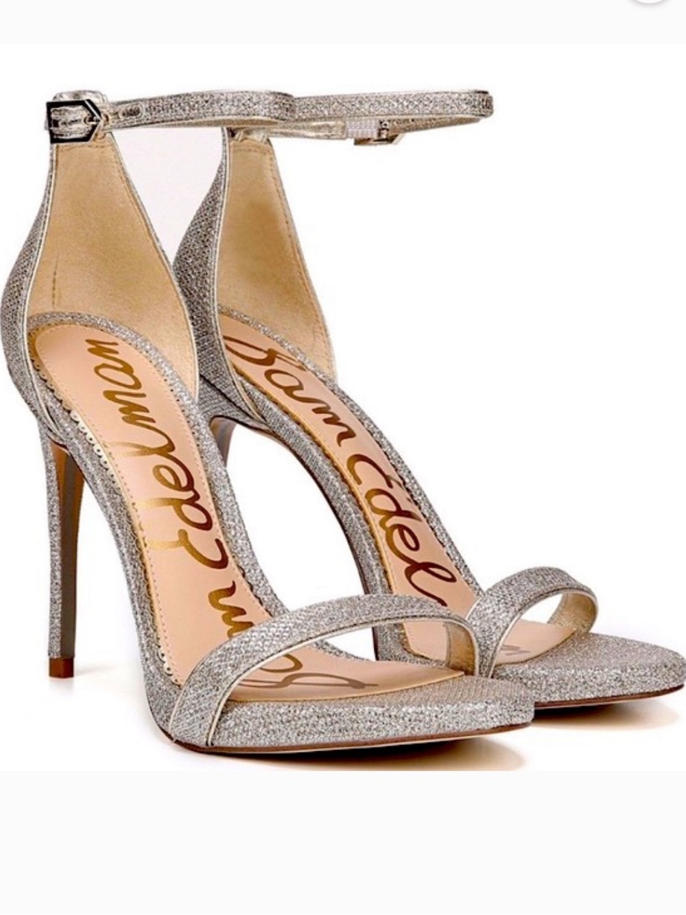 Sam Edelman Silver Glitter Ankle-Strap Stilettos